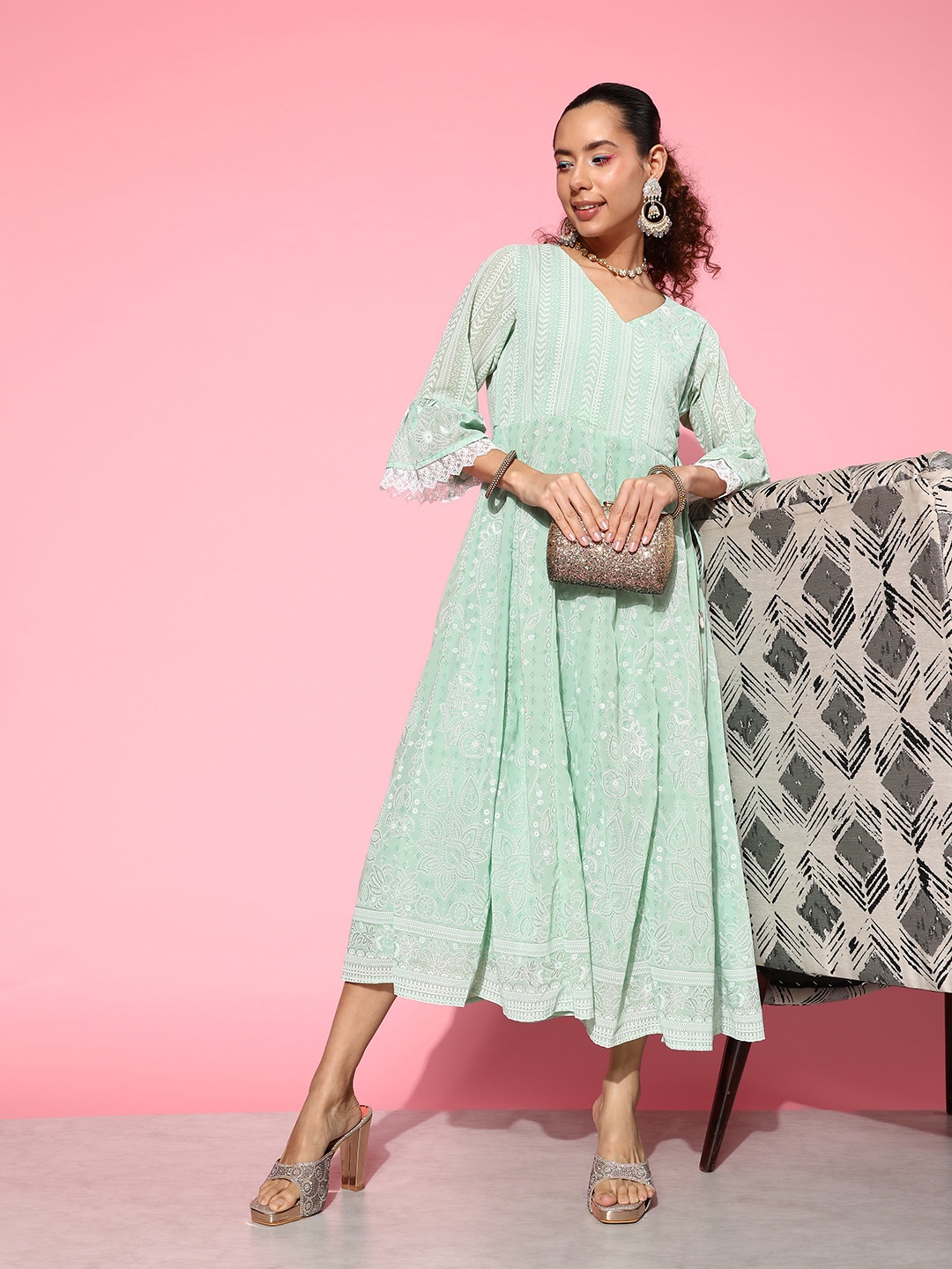 

Juniper Ethnic Motifs Printed Lace Insert Detail Midi Ethnic Wrap Dress with Tie-Ups, Green