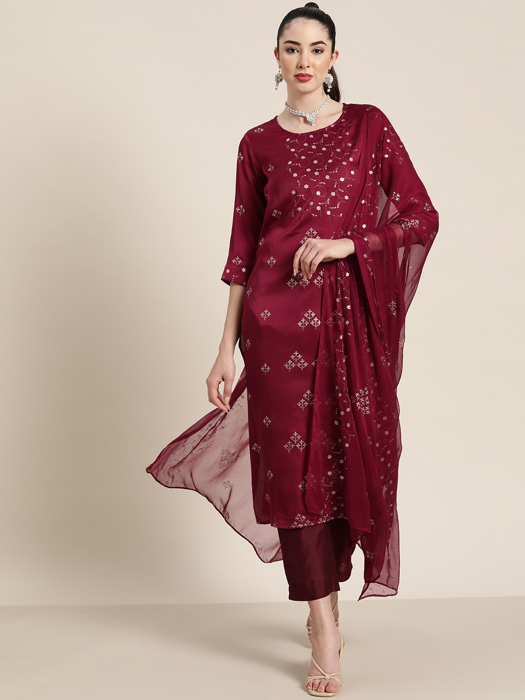 

Juniper Women Maroon & Gold Ethnic Motifs Printed Sequinned Kurta With Trousers & Dupatta