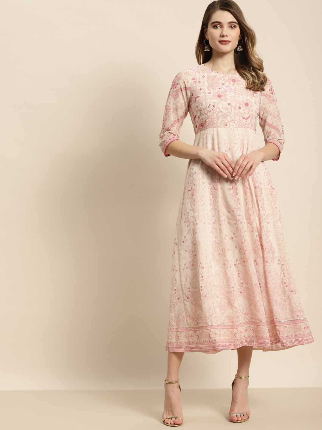 

Juniper Pink & Beige Ethnic Motifs A-Line Midi Ethnic Dress