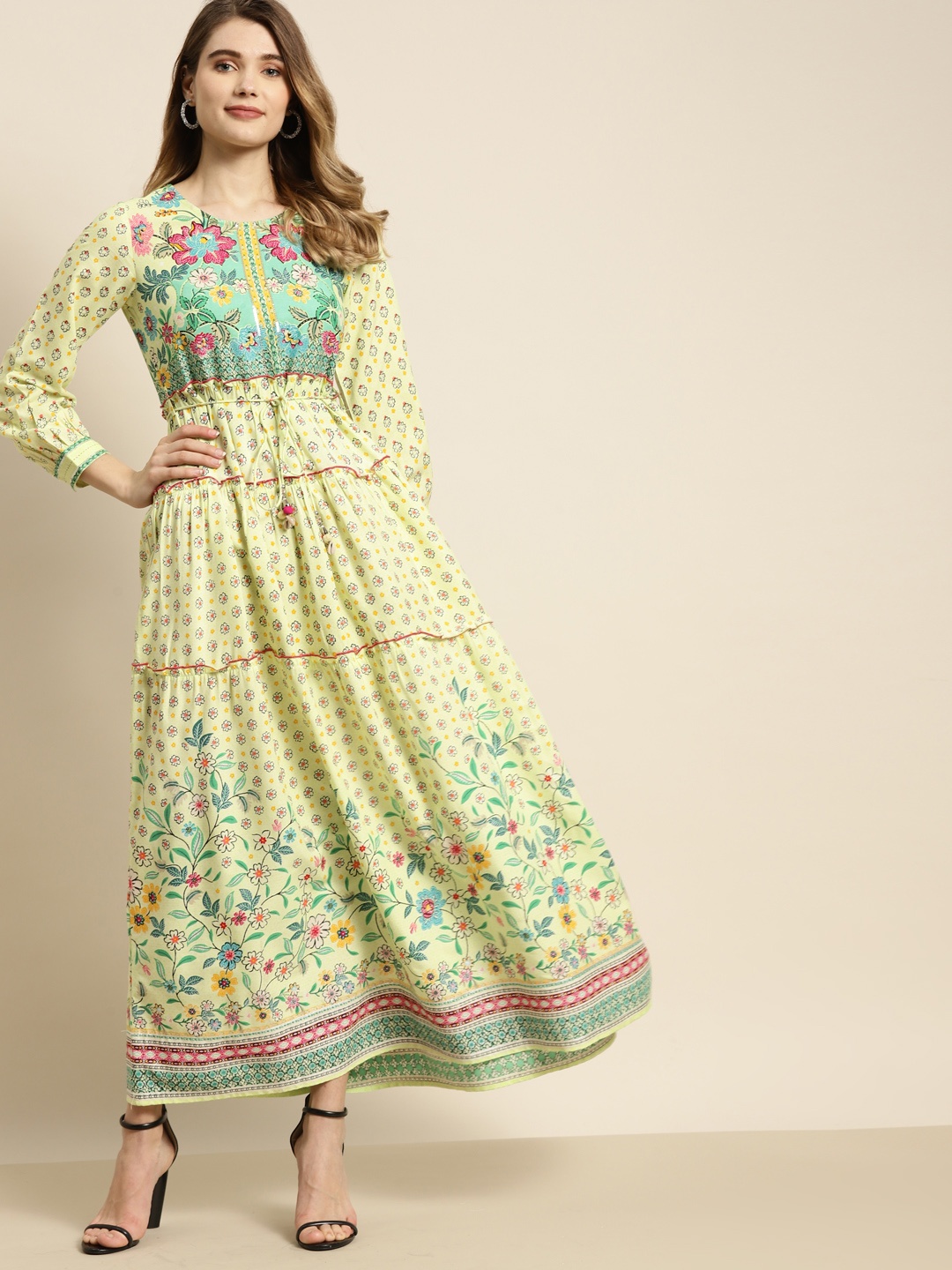 

Juniper Lime Green & Red Ethnic Motifs Print Tie-Ups Tiered Fit & Flare Maxi Dress