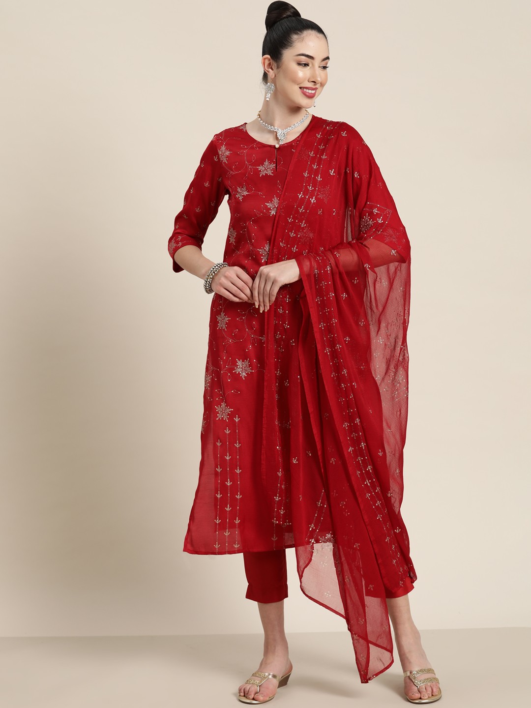 

Juniper Women Red & Gold Ethnic Motifs Printed Kurta with Trousers & With Dupatta