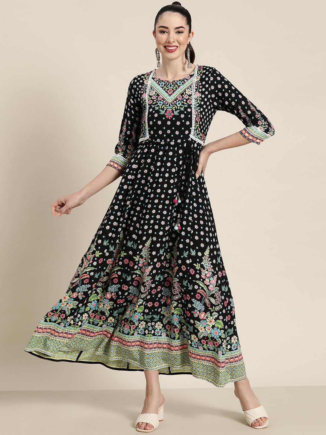 

Juniper Black & White Floral Print Panelled Maxi Fit & Flare Dress with Tie-Ups