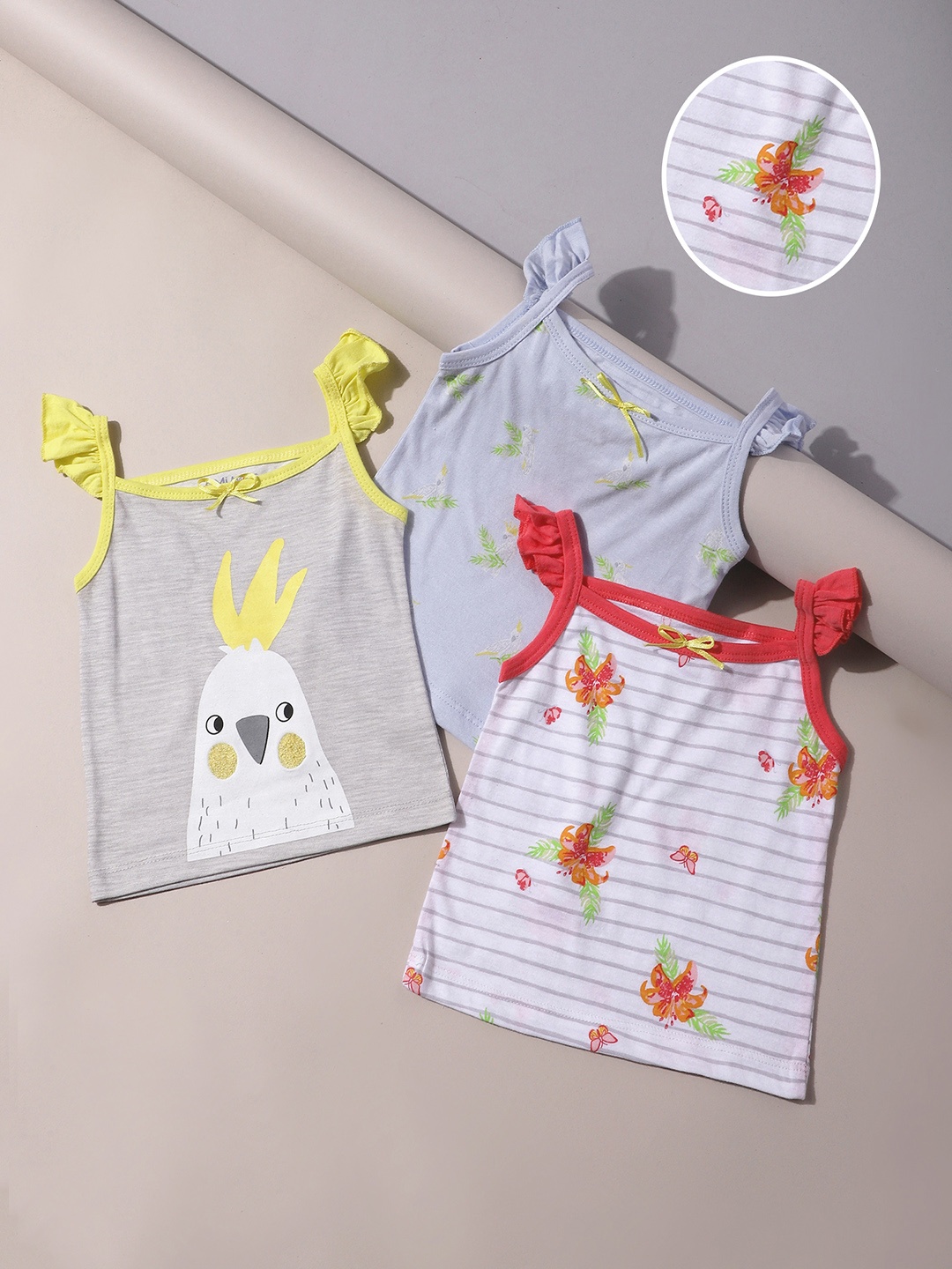 

MiArcus Kids Pack Of 3 Blue & Grey Printed Camisoles