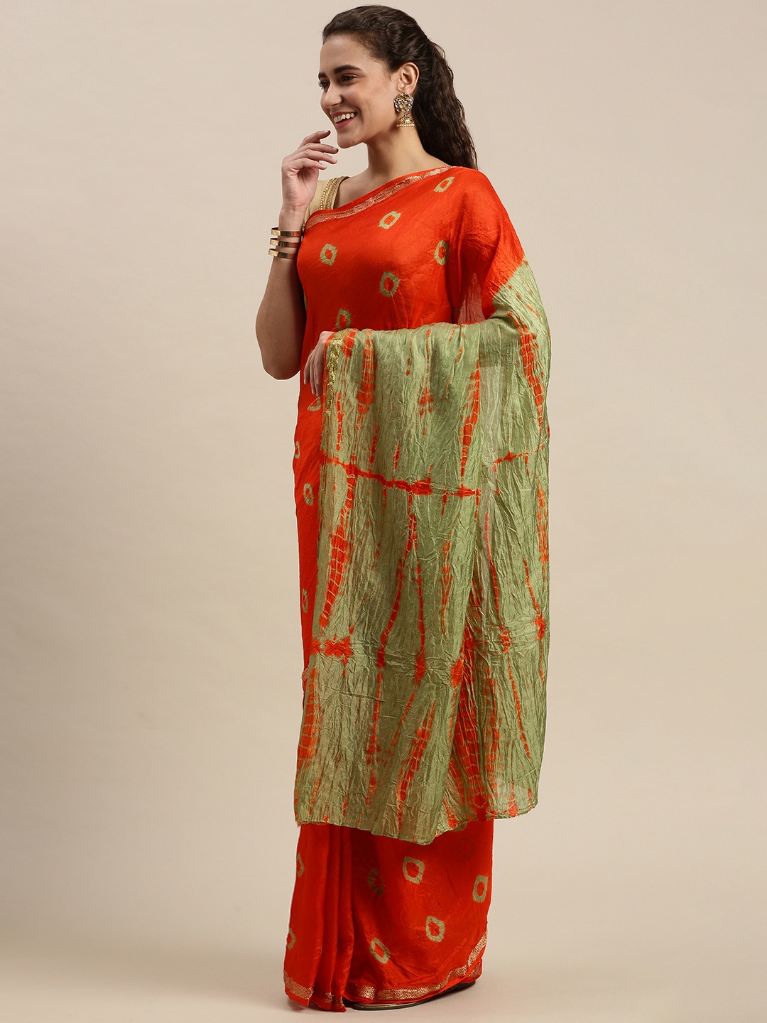 

KALINI Orange & Green Tie and Dye Saree