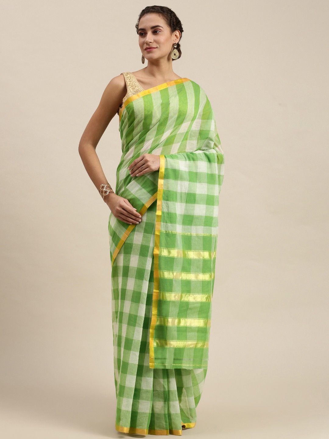 

KALINI Green & White Checked Pure Cotton Saree