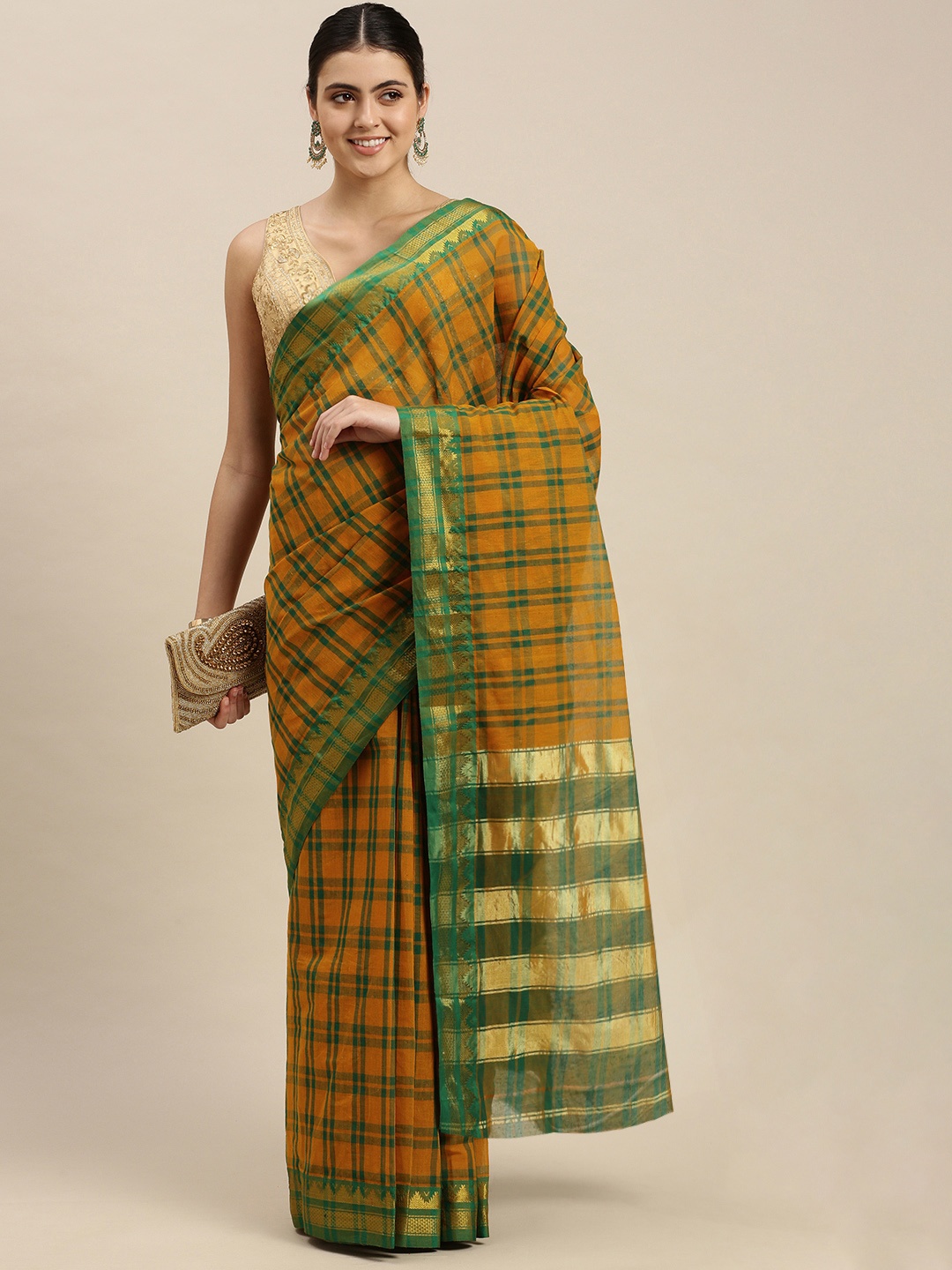 

Pavechas Mustard Yellow & Green Checked Pure Cotton Saree
