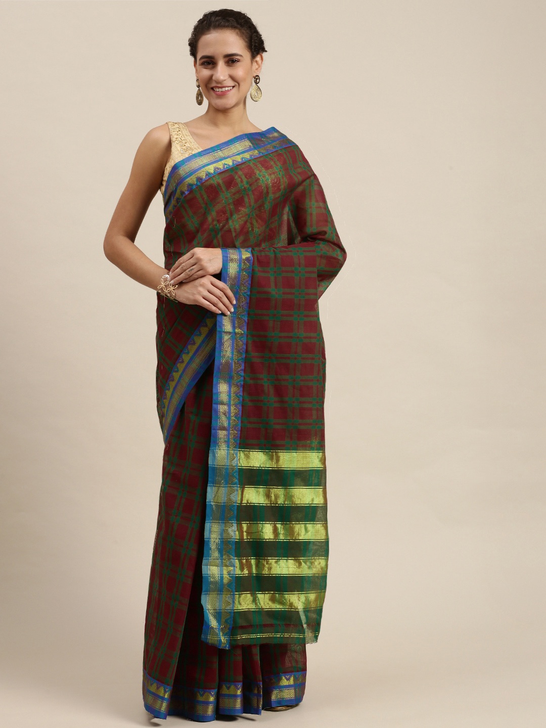 

Pavechas Maroon & Green Checked Pure Cotton Saree