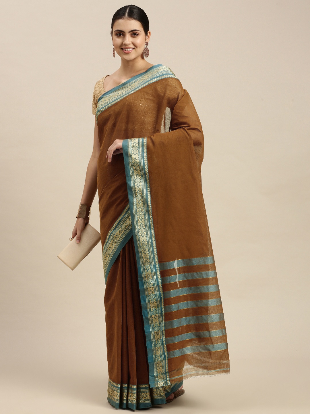 

Pavechas Brown & Blue Pure Cotton Saree