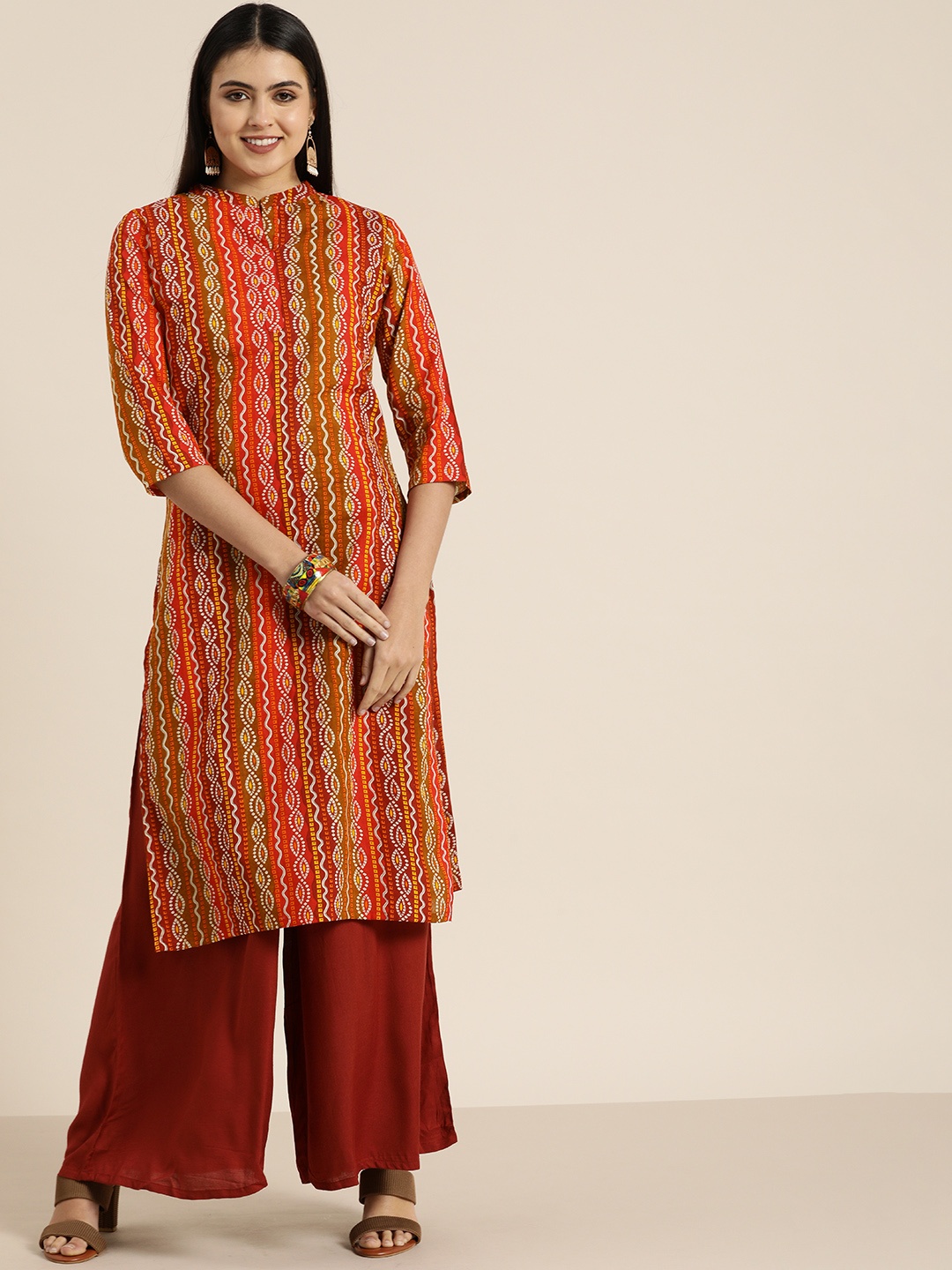 

Sangria Women Red & White Bandhani Screen Print Pure Cotton Straight Kurta