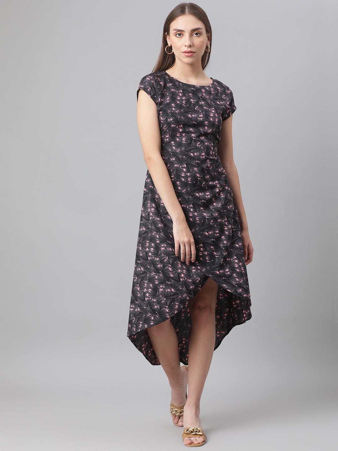 

MBE Pink & Black Floral Crepe A-Line Midi Dress