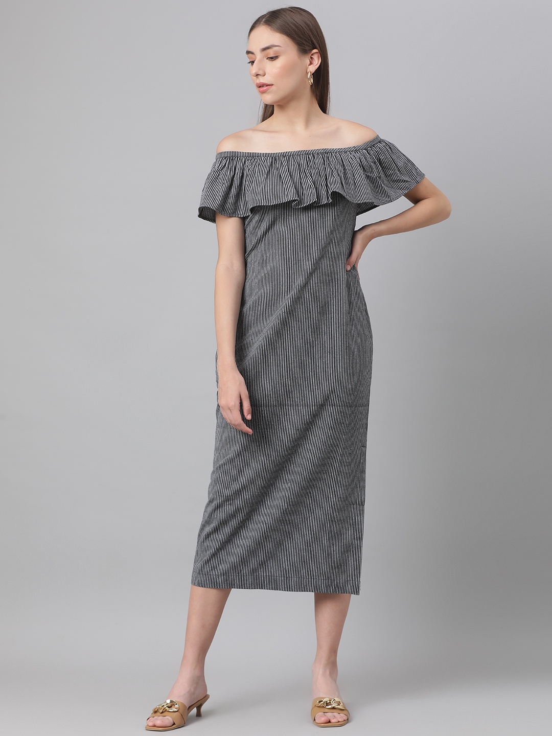 

MBE Black Striped Off-Shoulder Layered A-Line Midi Dress