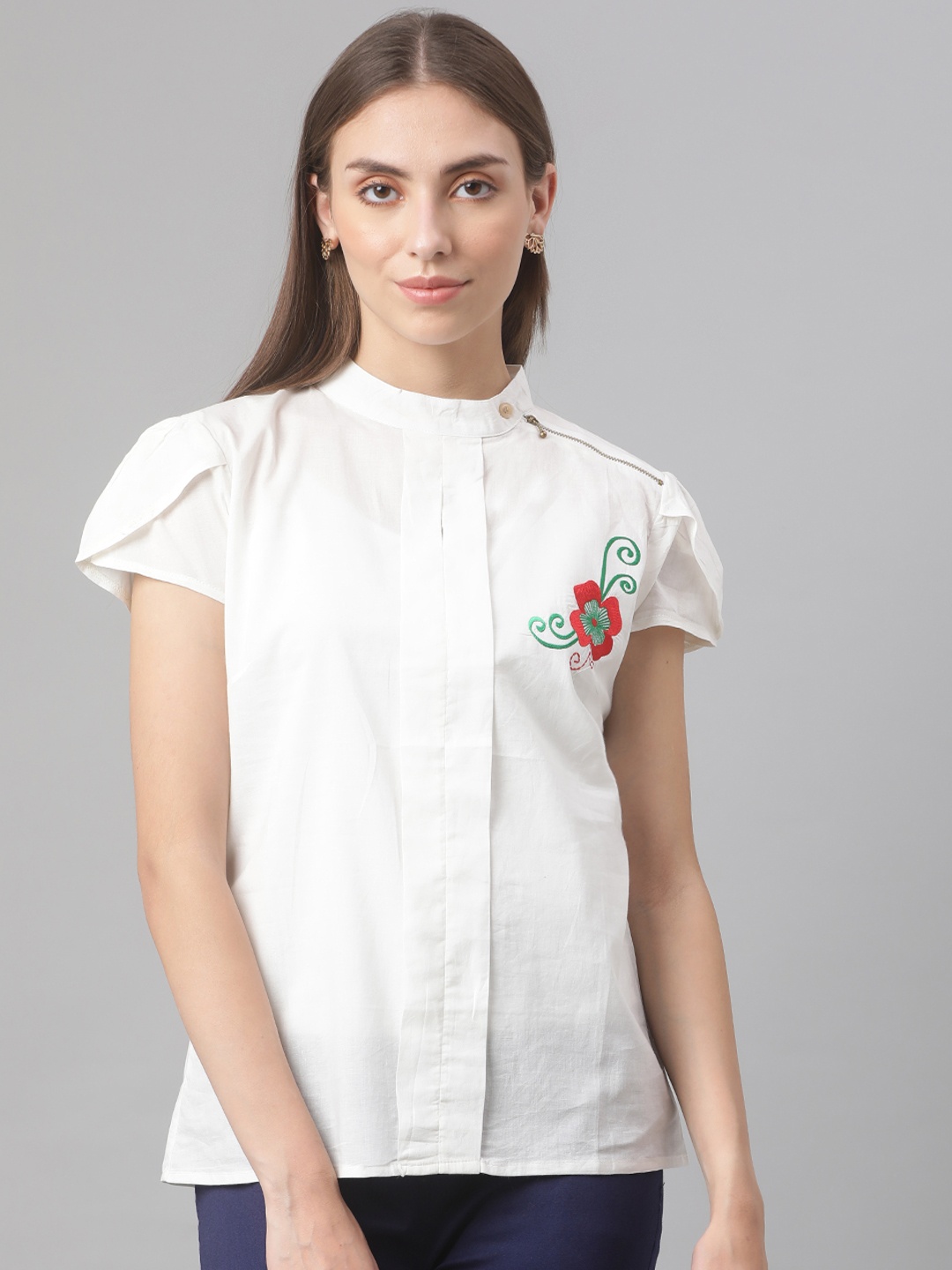 

MBE White Floral Embroidered Mandarin Collar Cotton Top