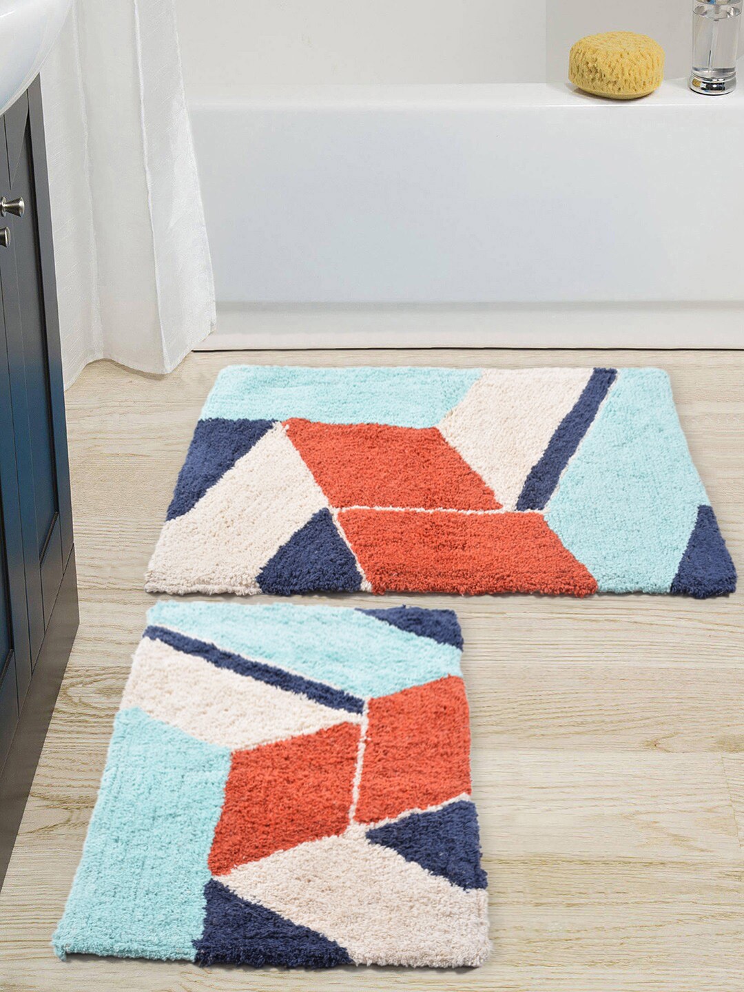 

BLANC9 Set Of 2 Blue & Orange Geometric 1700 GSM Rectangular Bath Rug