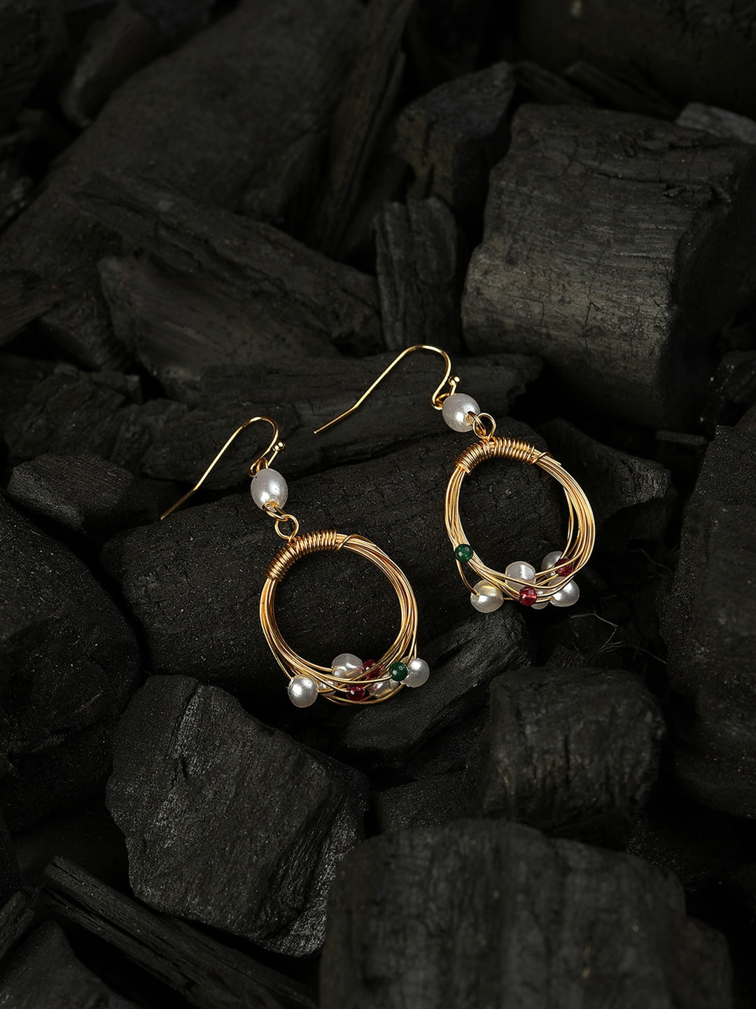 

SOHI Gold-Toned Pearl Studded Circular Drop Earrings