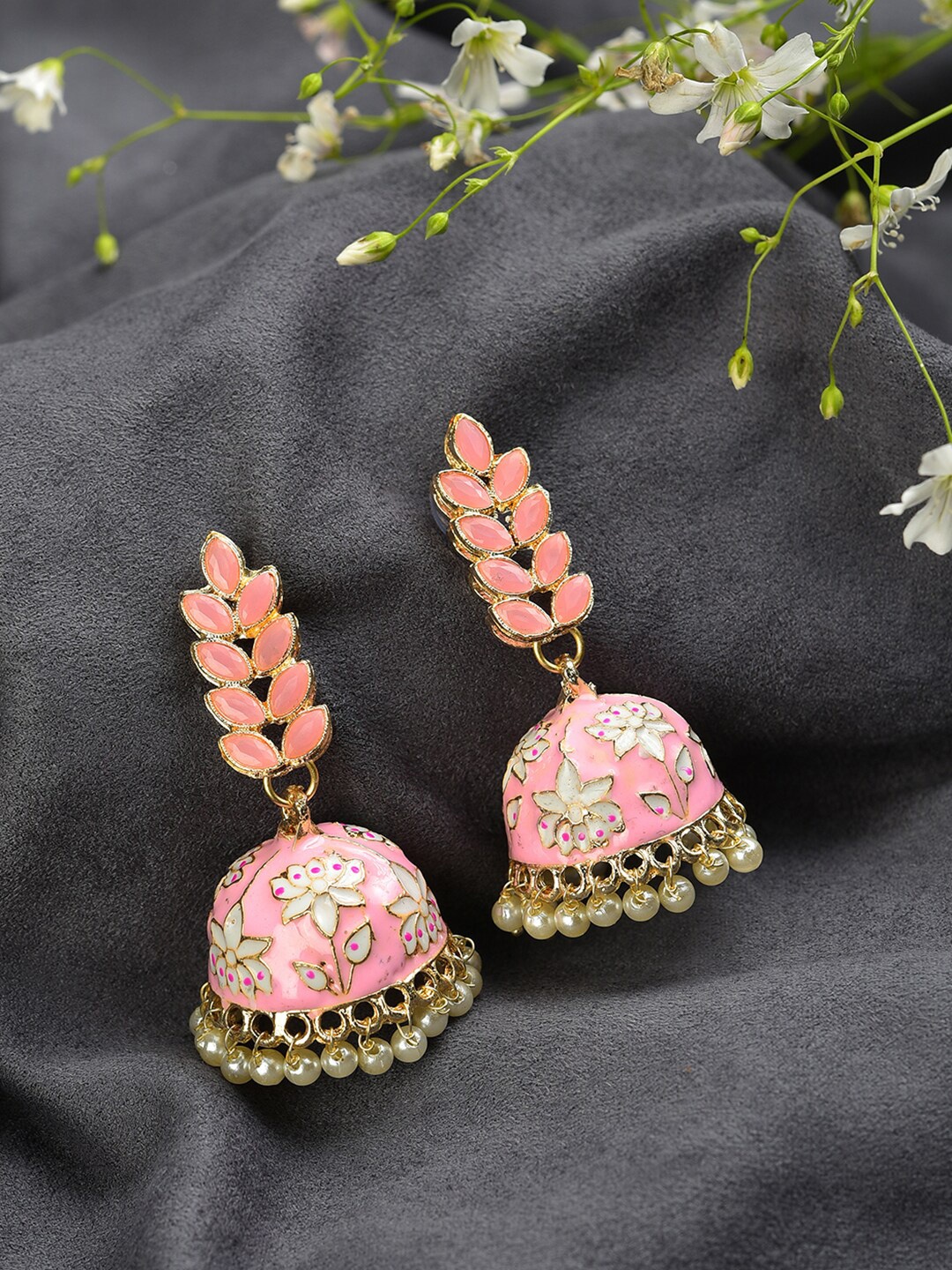

SOHI Pink & Gold-Plated Designer Leaf Shaped Contemporary Jhumkas Earrings