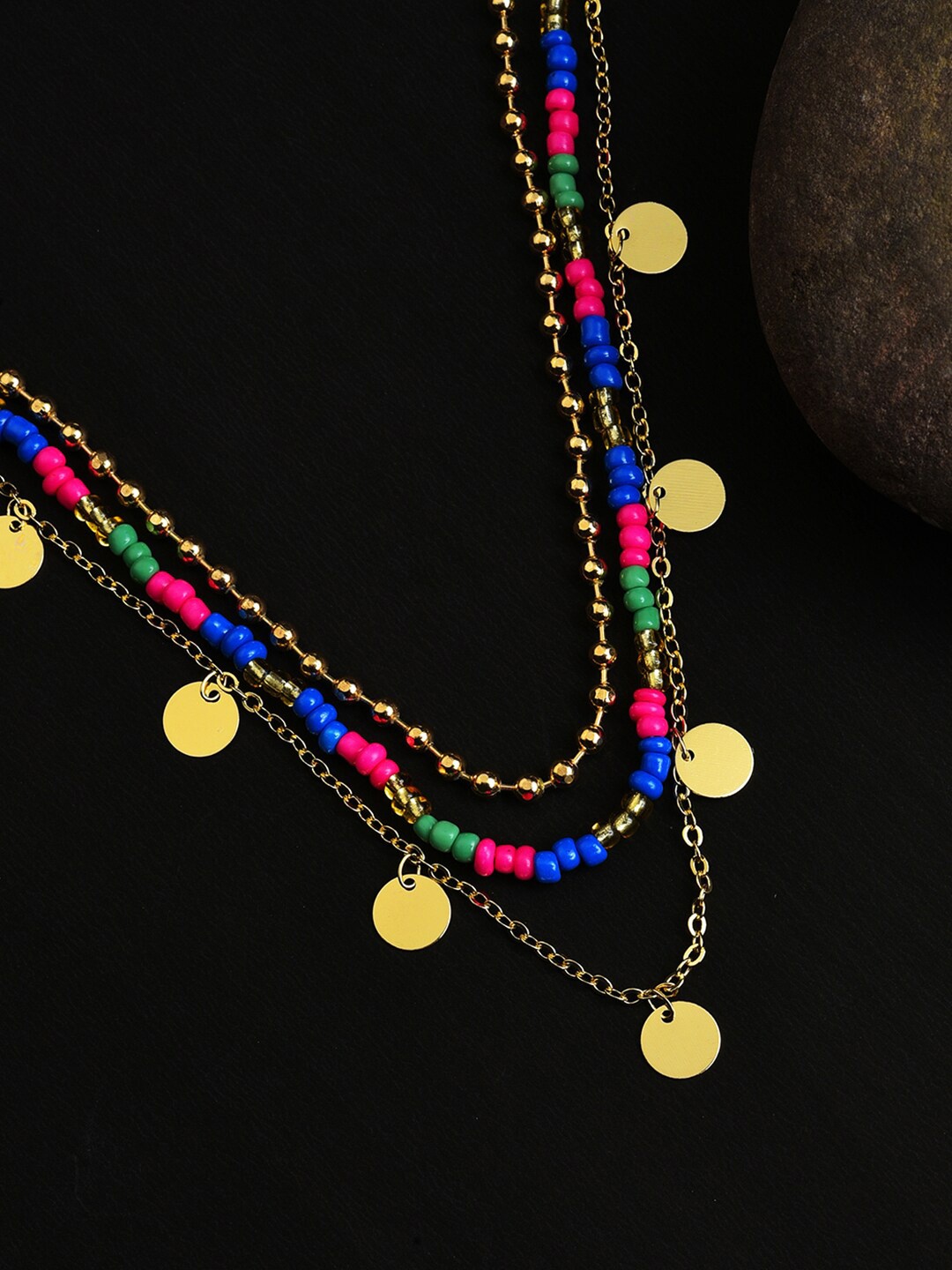 

SOHI Pack of 3 Blue & Pink Beaded Brass Gold-Plated Chain