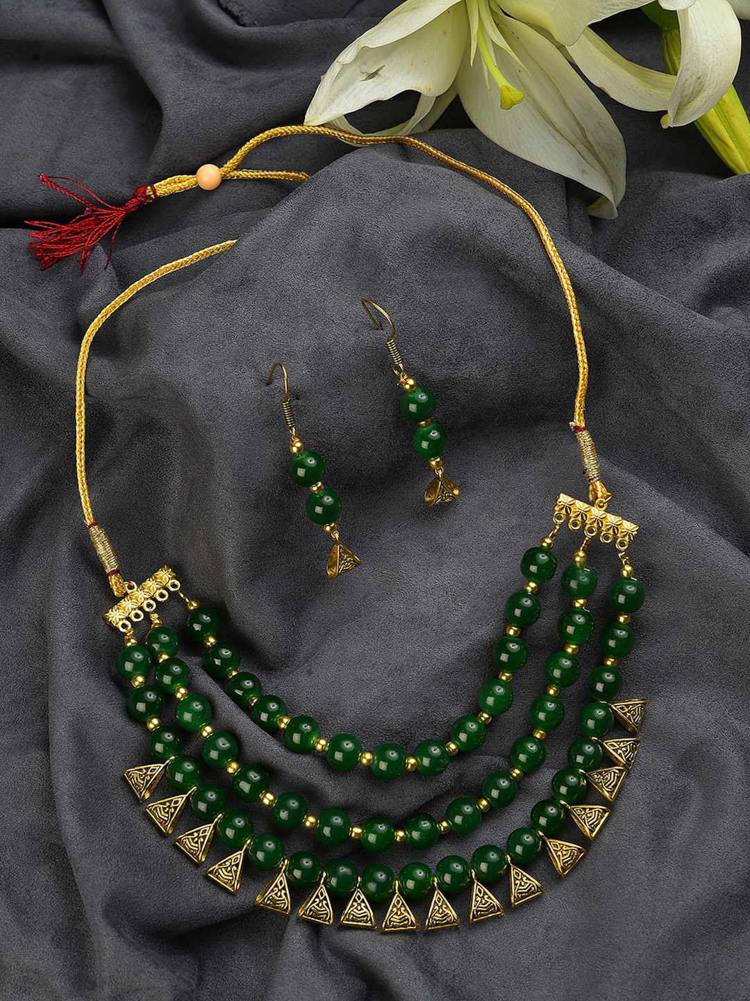 

SOHI Gold-Plated Gold-Toned & Green Beaded Jewellery Set