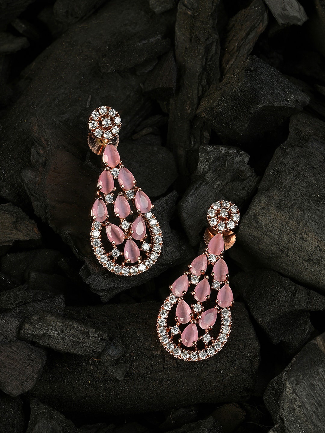 

SOHI Pink & White AD-Studded Gold-Plated Contemporary Drop Earrings