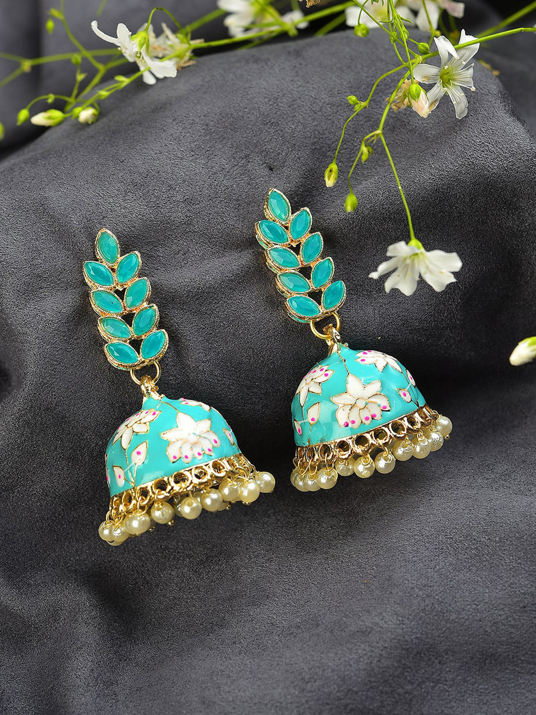 

SOHI Gold-Plated Green Dome-Shaped Jhumkas Earrings