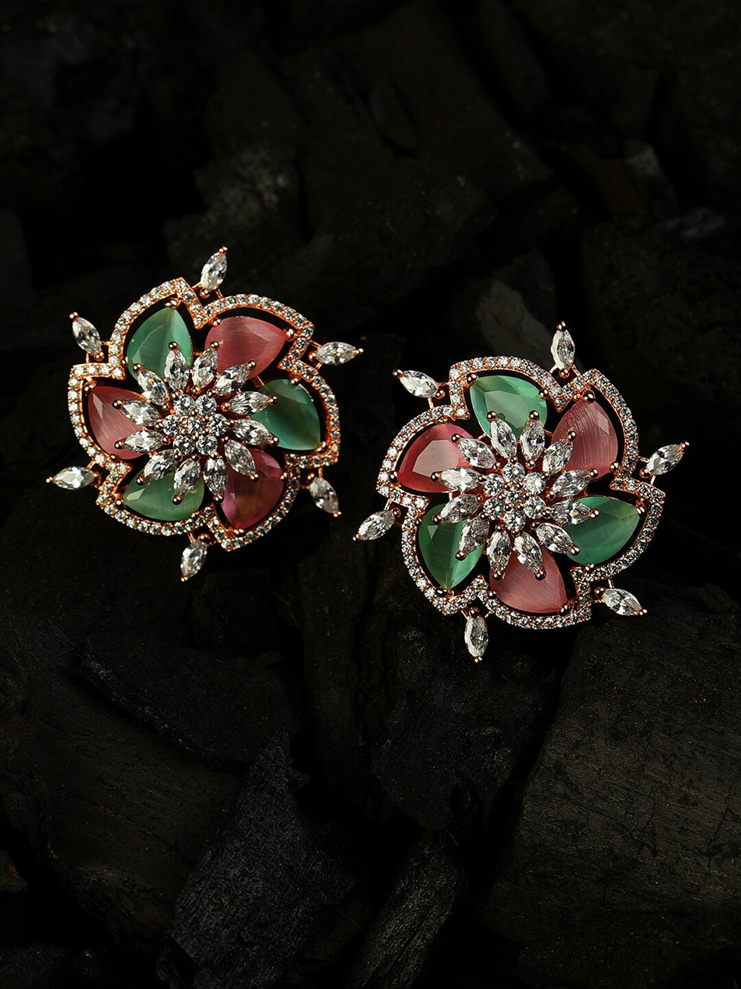 

SOHI Pink & Green Contemporary Studs Earrings
