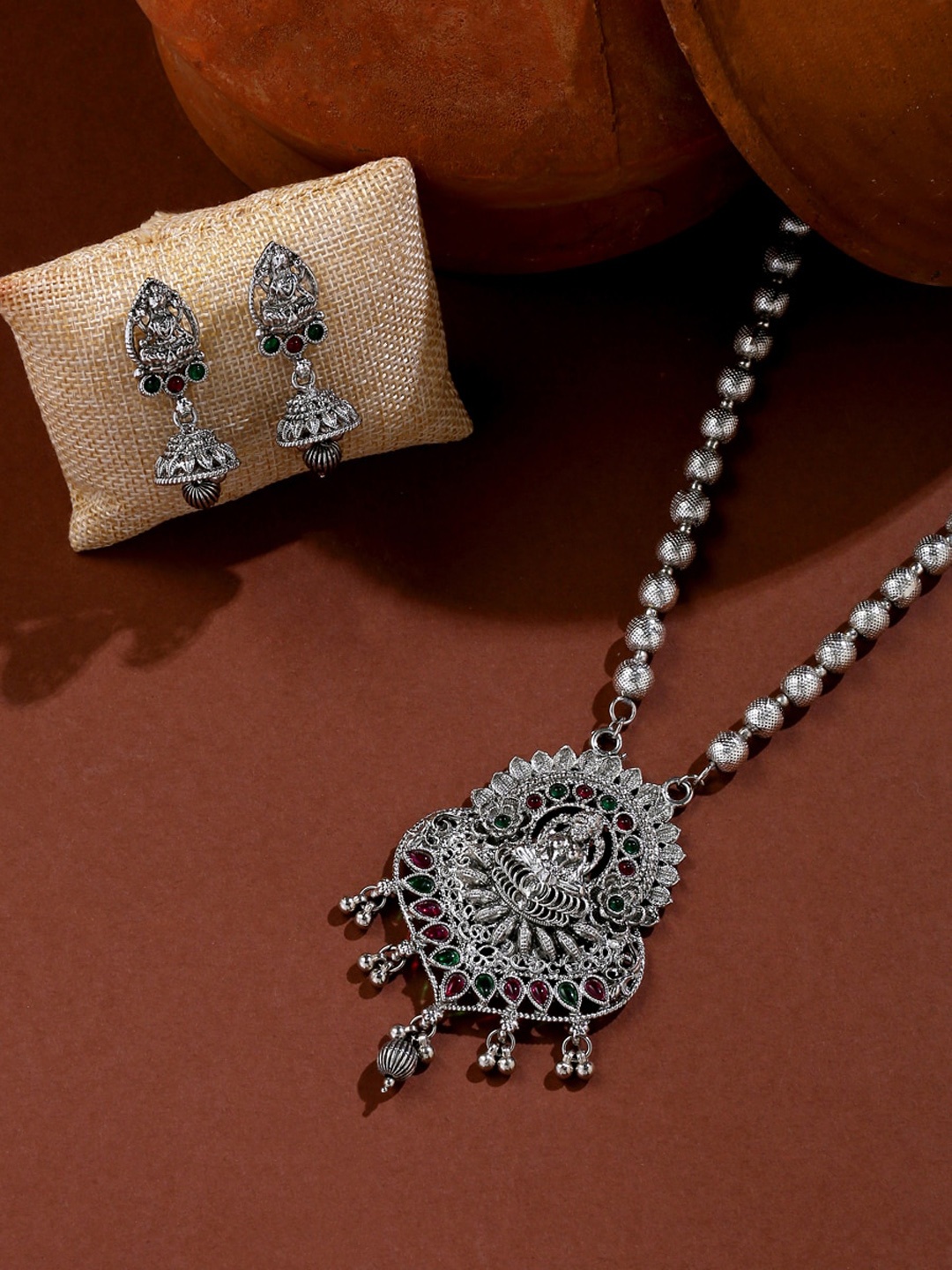 

THE AAB STUDIO Silver-Plated Stone-Studded Temple Jewellery Set