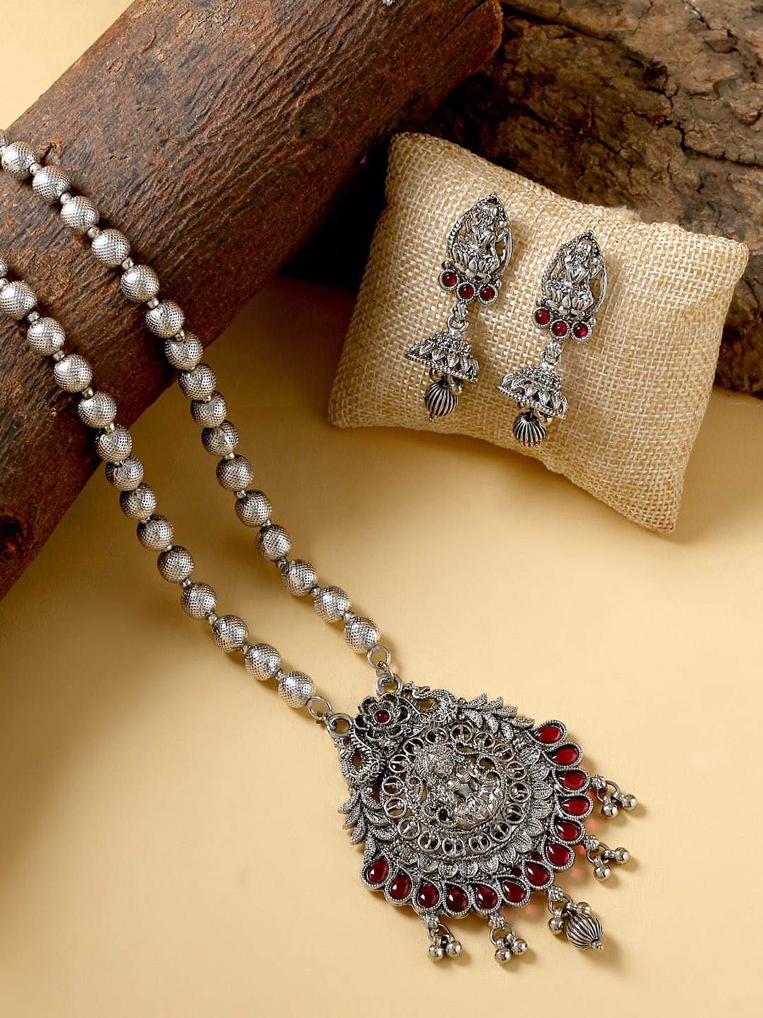 

THE AAB STUDIO Silver-Plated Stone-Studded Temple Jewellery Set