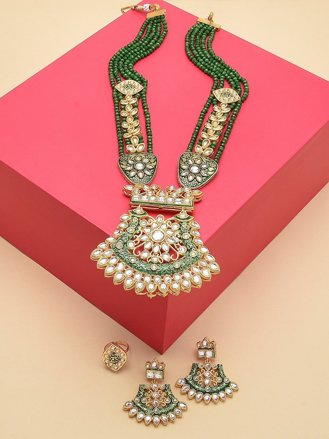 

Zaveri Pearls Gold-Plated Green & White Meenakari Kundan Studded Jewelry Set