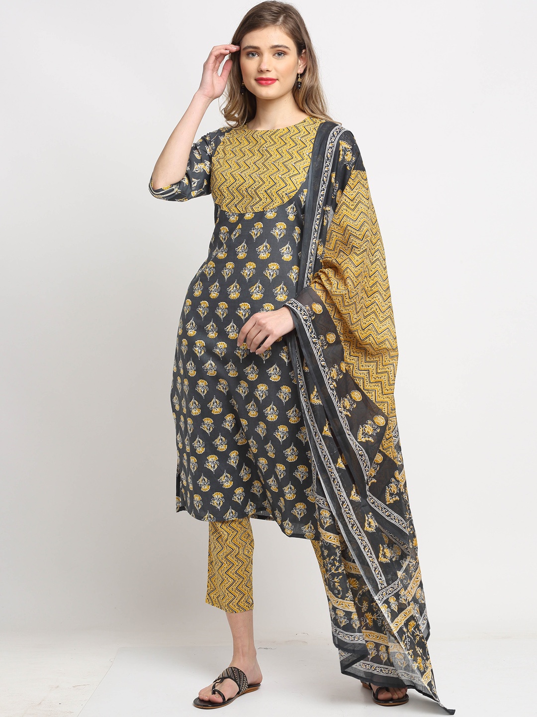 

Rajnandini Women Grey Floral Printed Mirror Work Pure Cotton Kurta with Trousers & Dupatta