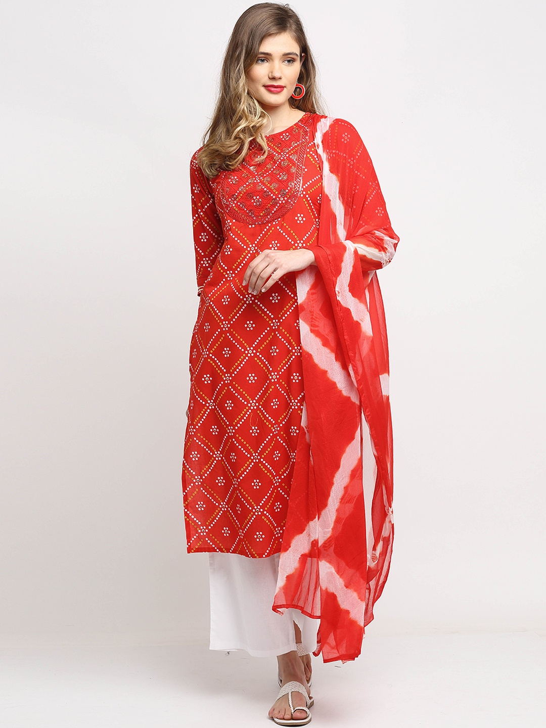 

Rajnandini Women Red Ethnic Motifs Printed Sequinned Pure Cotton Kurta with Palazzos & With Dupatta