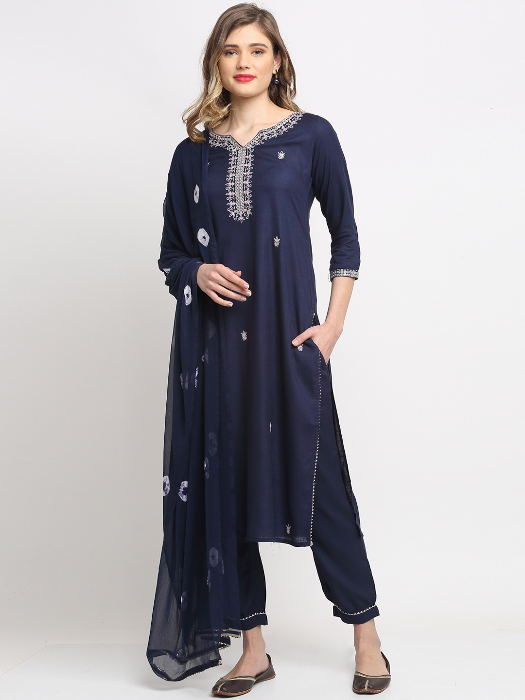 

Rajnandini Women Navy Blue Embroidered Pure Cambric Cotton Kurta with Trousers & Dupatta