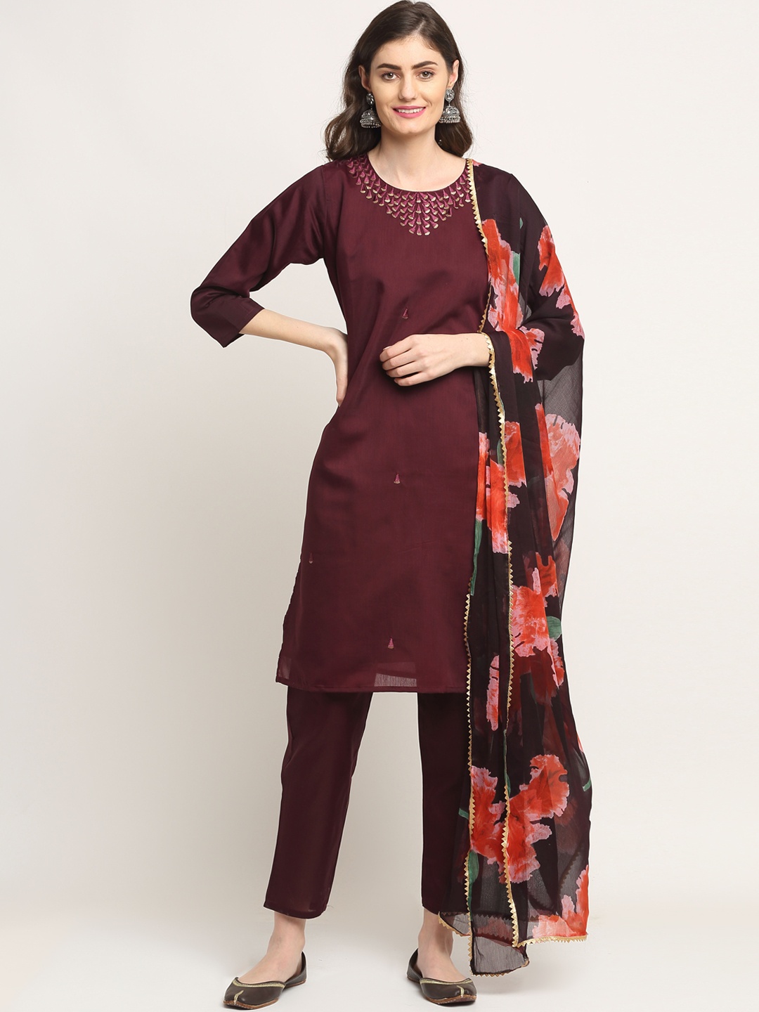 

Rajnandini Women Maroon Embroidered Sequinned Chanderi Cotton Kurta with Trousers & With Dupatta