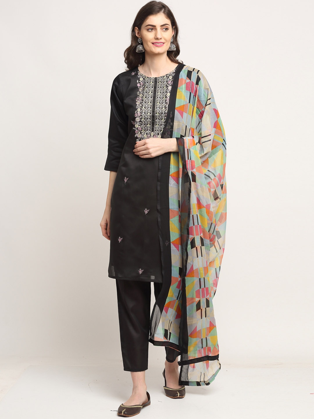 

Rajnandini Women Black Embroidered Chanderi Cotton Kurta with Trousers & Dupatta
