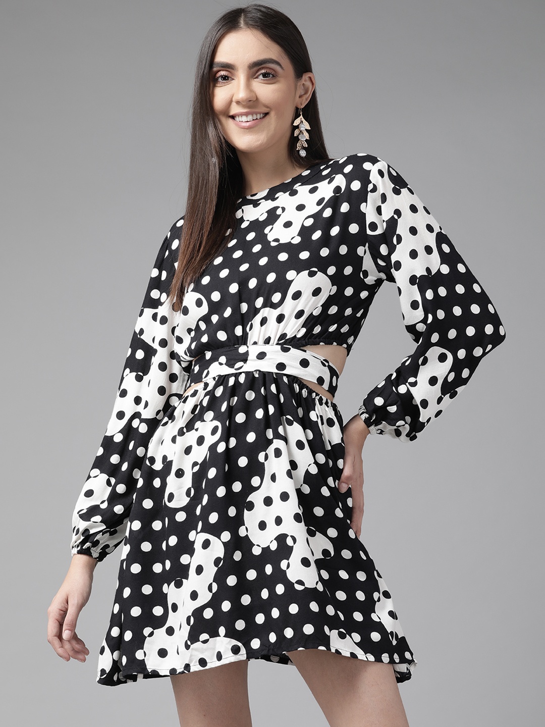 

The Dry State Women Black & White Polka Dosts A-Line Mini Dress