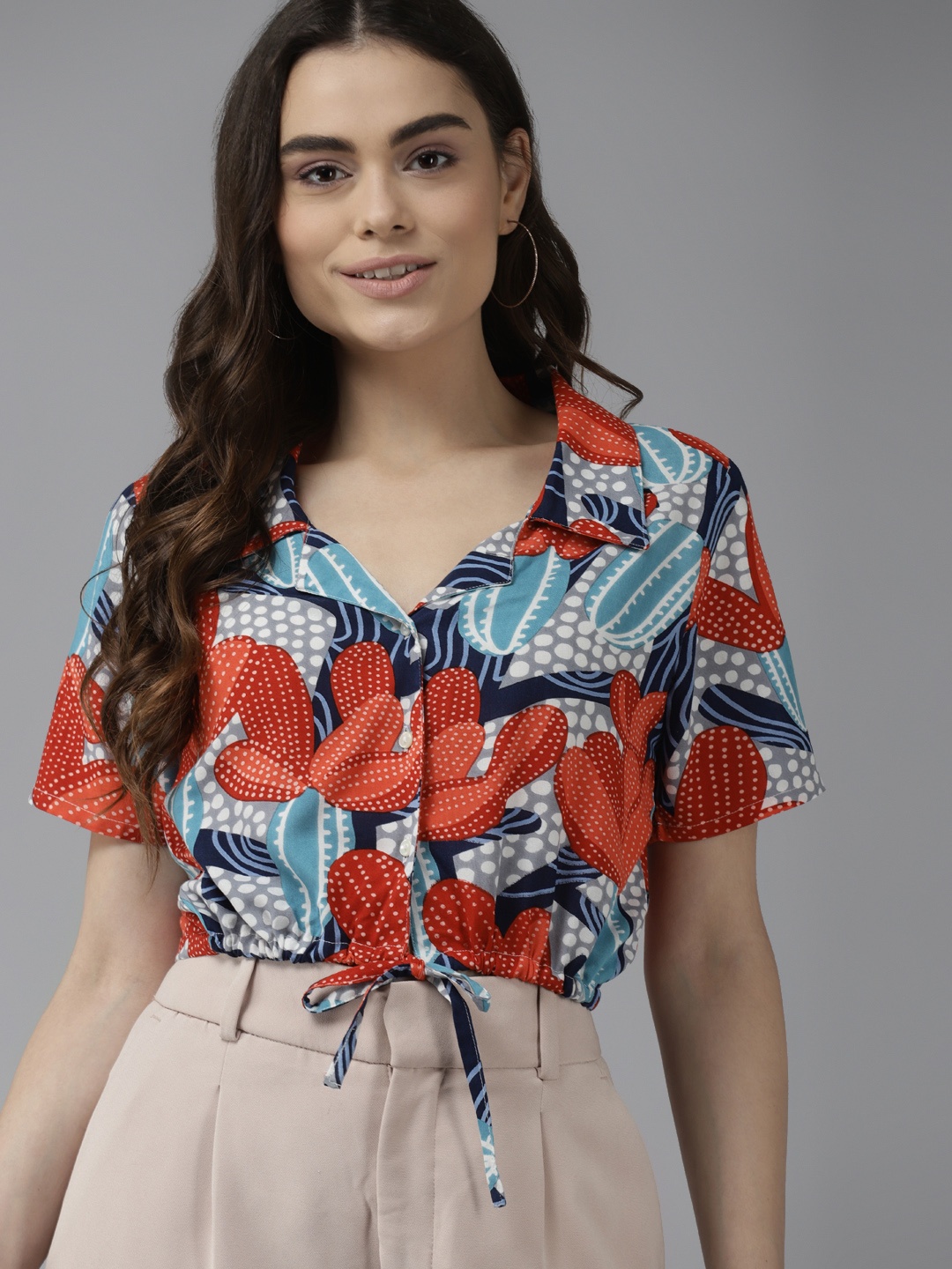 

The Dry State Red & Blue Cactus Printed Shirt Style Top