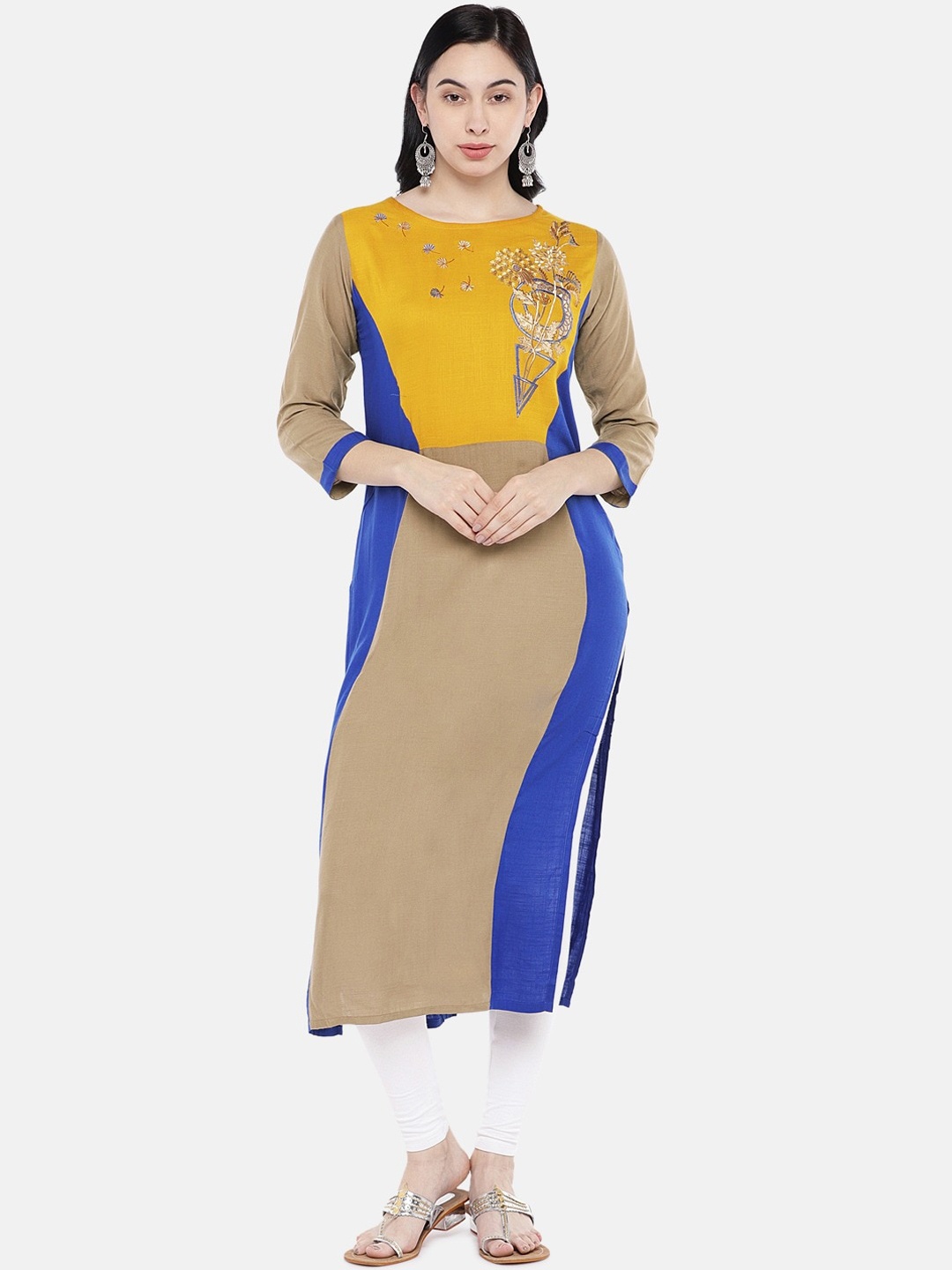 

Sangria Women Yellow & Blue Colourblocked Thread Work Floral Kurta