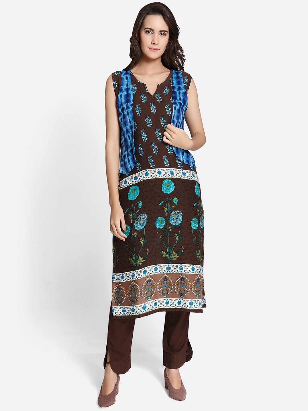 Sangria Women Brown & Blue Ethnic Motifs Printed Floral Kurta