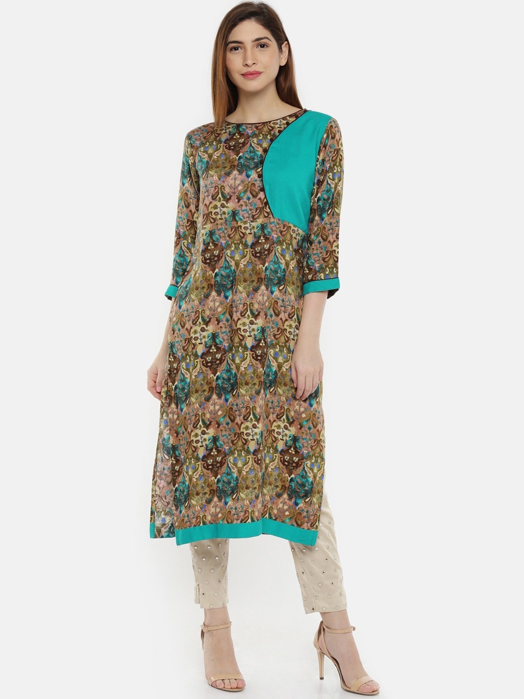 

Sangria Women Brown & Teal Blue Floral Printed Kurta