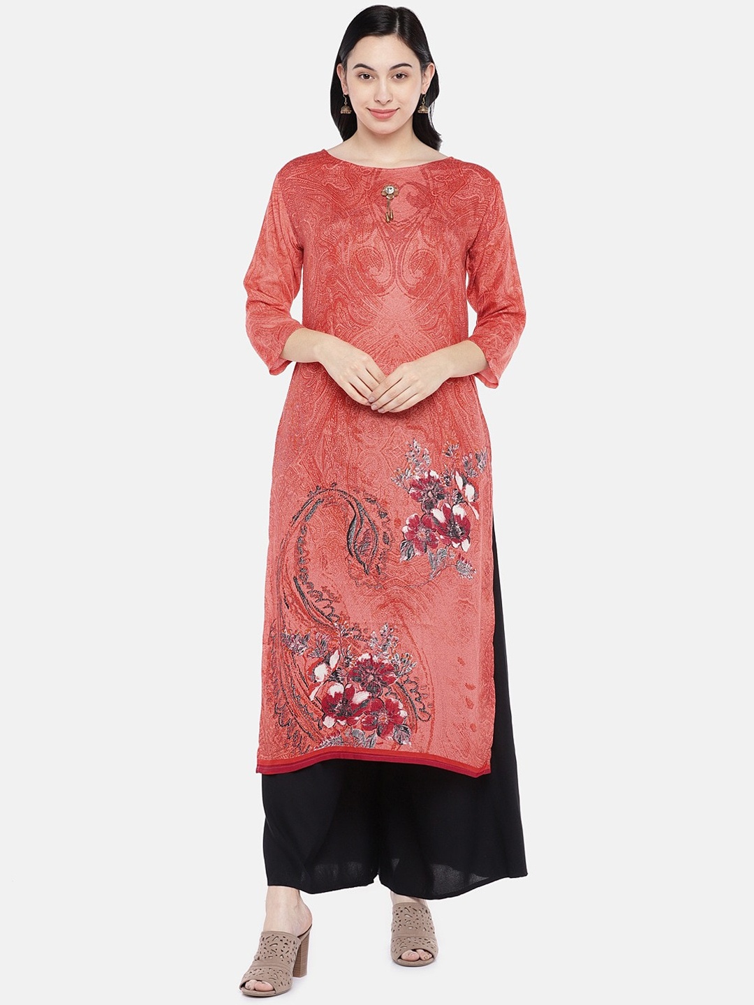 Sangria Women Coral & Red Ethnic Motifs Printed Floral Kurta