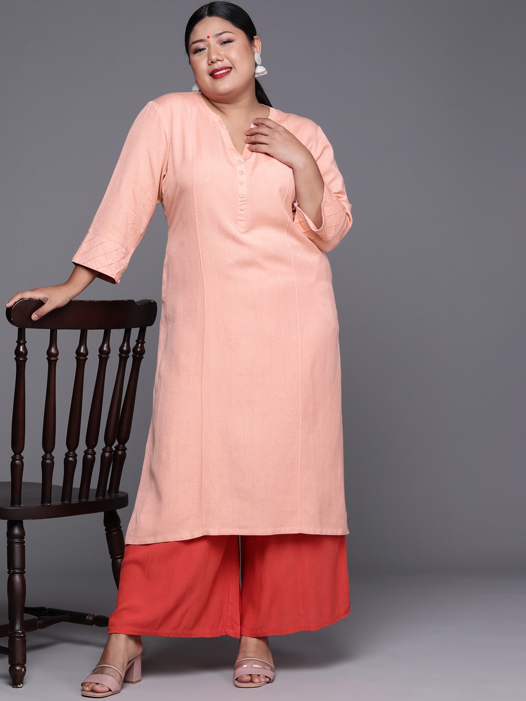 

EXTRA LOVE BY LIBAS Plus Size Women Peach-Coloured Cotton Straight Kurta