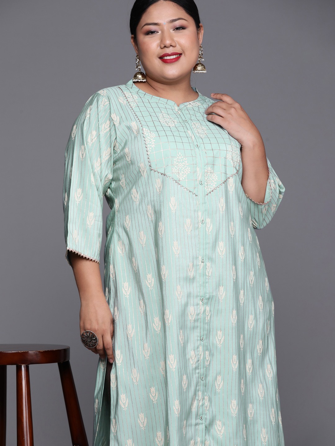 

EXTRA LOVE BY LIBAS Women Plus Size Blue Ethnic Motifs Printed Chanderi Silk Kurta