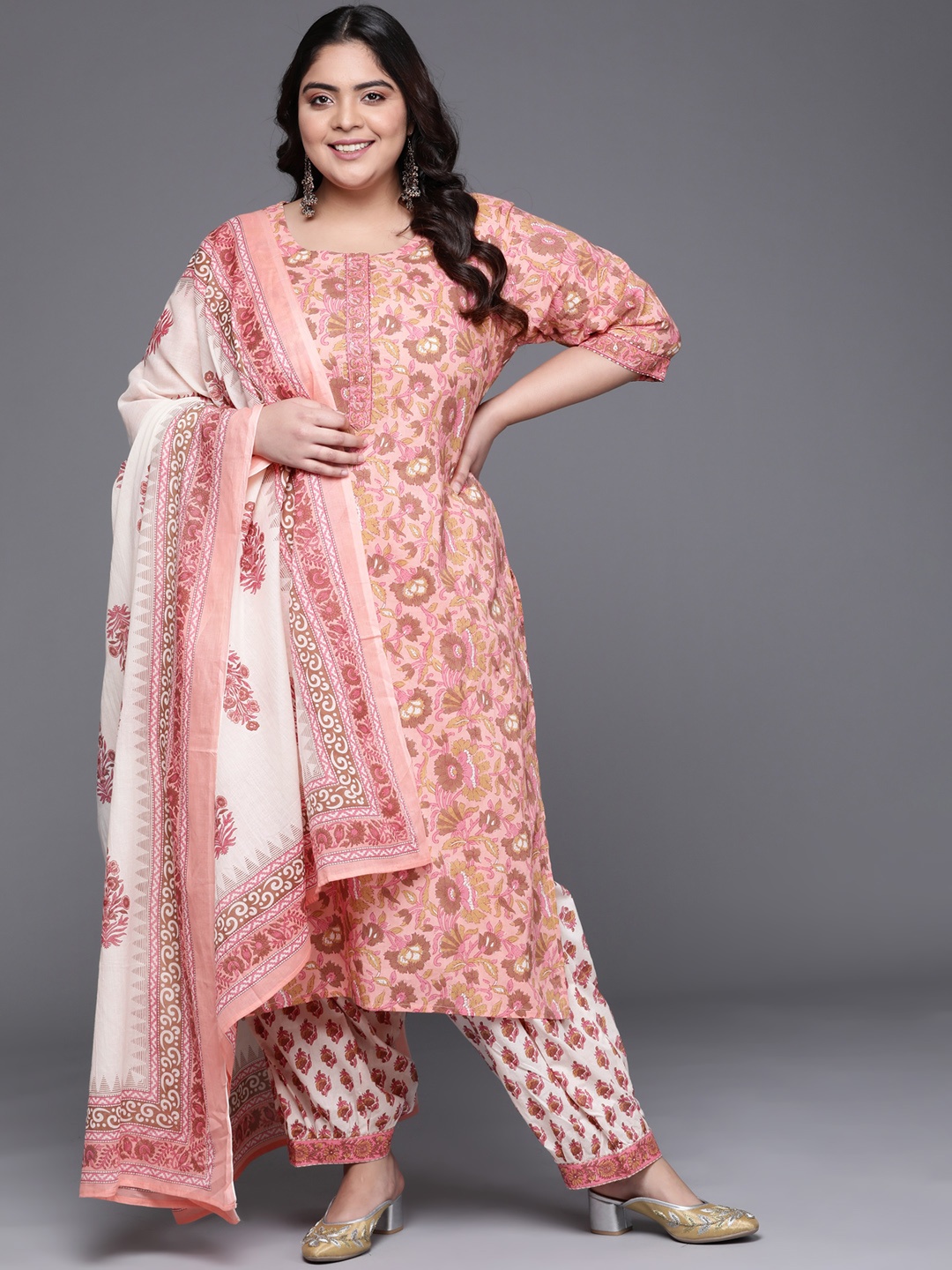 

EXTRA LOVE BY LIBAS Plus Size Women Floral Cotton Kurta with Salwar & With Dupatta, Pink