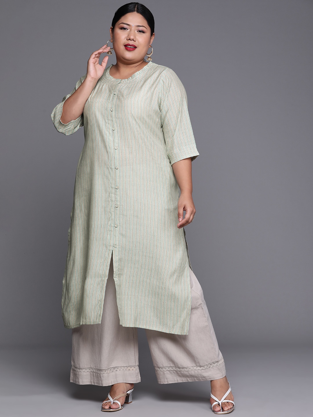 

EXTRA LOVE BY LIBAS Plus Size Women Green Striped Kurta
