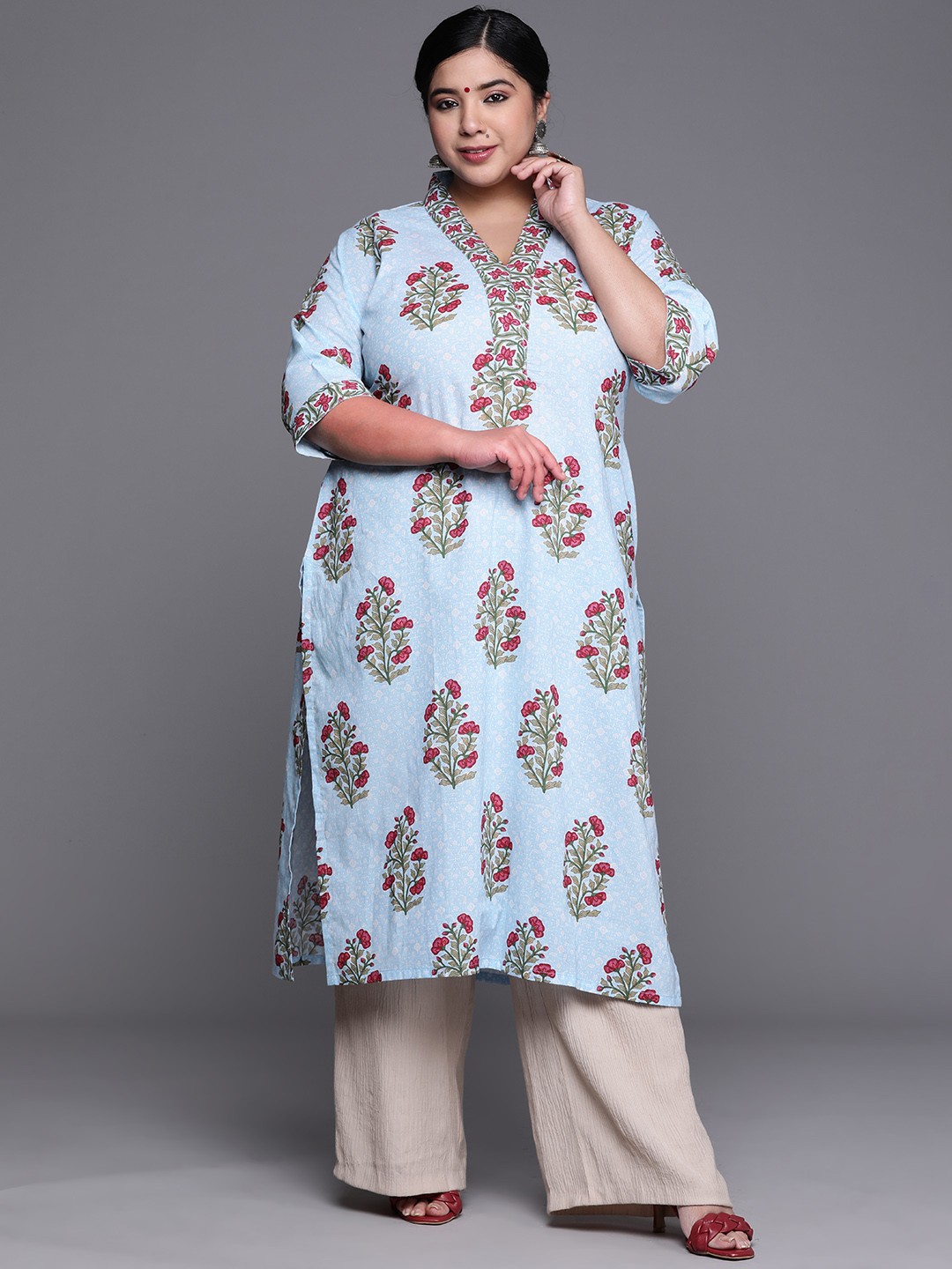 

EXTRA LOVE BY LIBAS Plus Size Women Blue & Pink Pure Cotton Floral Printed Kurta