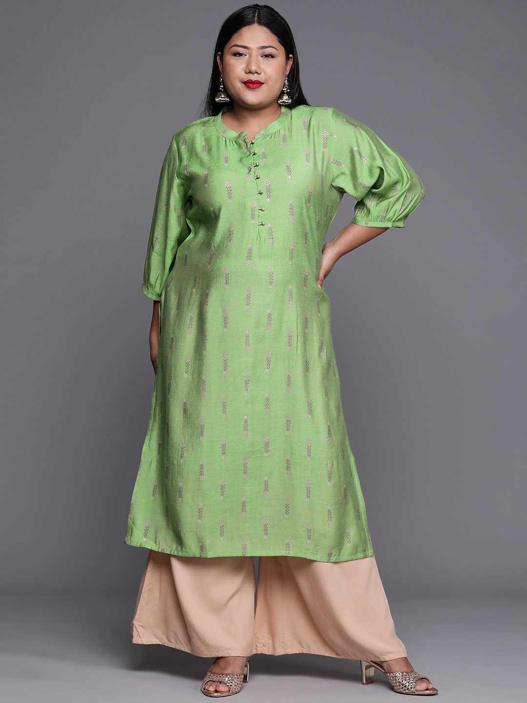 

EXTRA LOVE BY LIBAS Plus Size Women Green & Grey Ethnic Motifs Printed Kurta