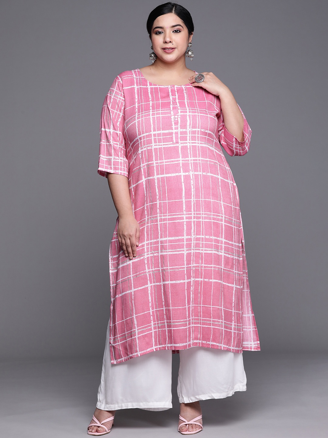 

EXTRA LOVE BY LIBAS Plus Size Women Pink & White Checked Kurta