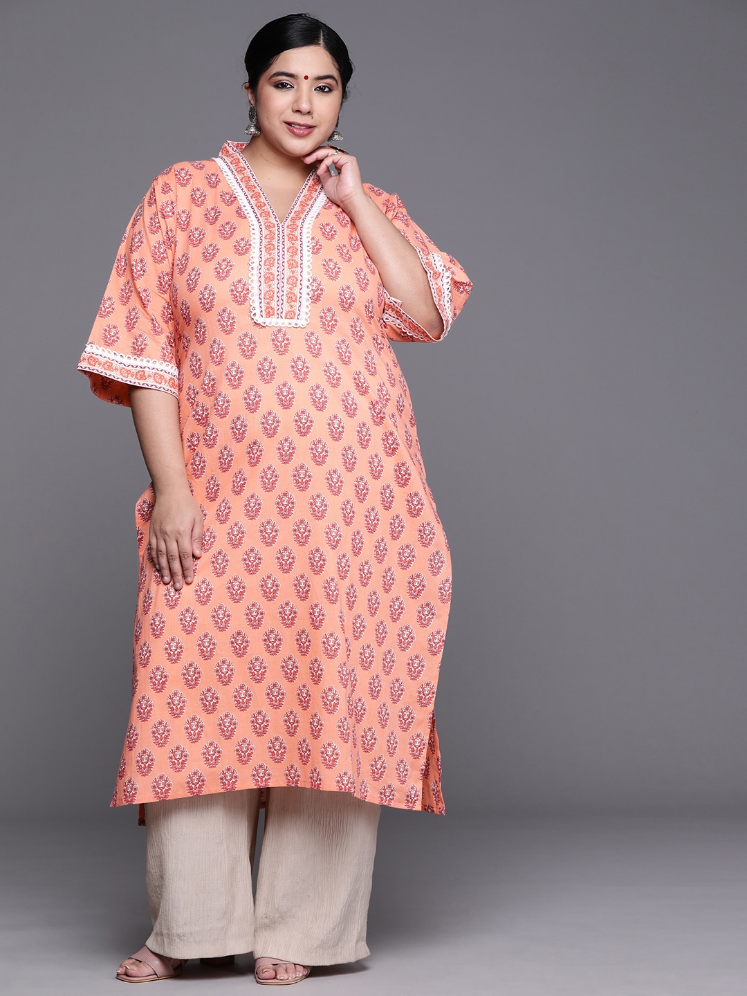 

EXTRA LOVE BY LIBAS Plus Size Women Peach-Coloured & Maroon Pure Cotton Floral Kurta