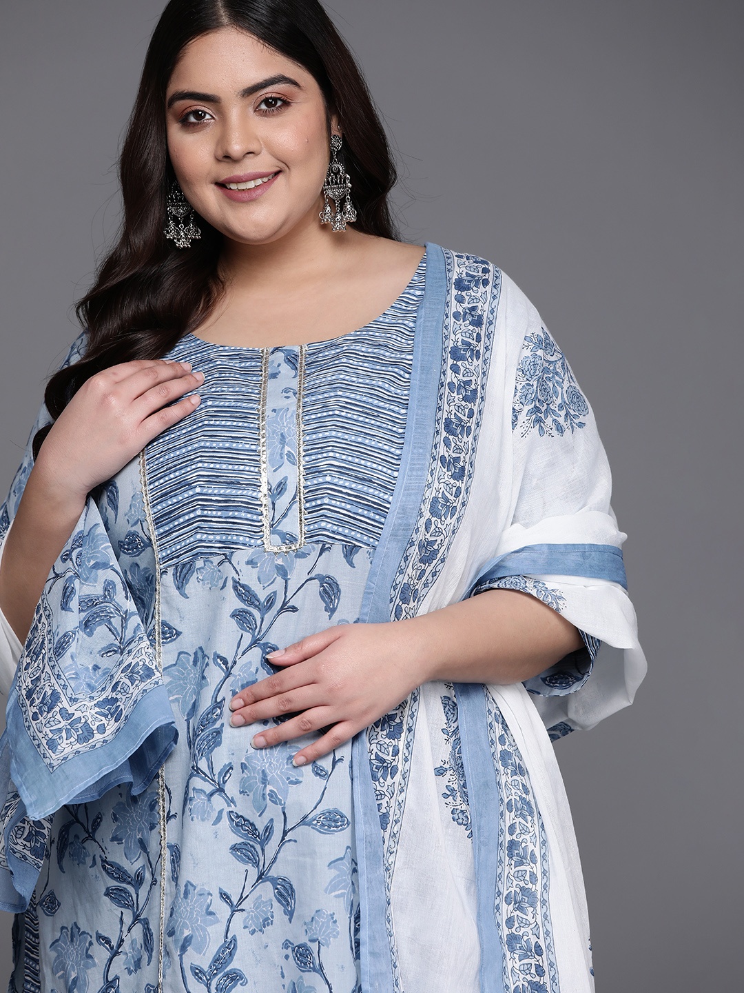 

EXTRA LOVE BY LIBAS Women Plus Size Blue Printed Cotton Kurta with Palazzos & With Dupatta