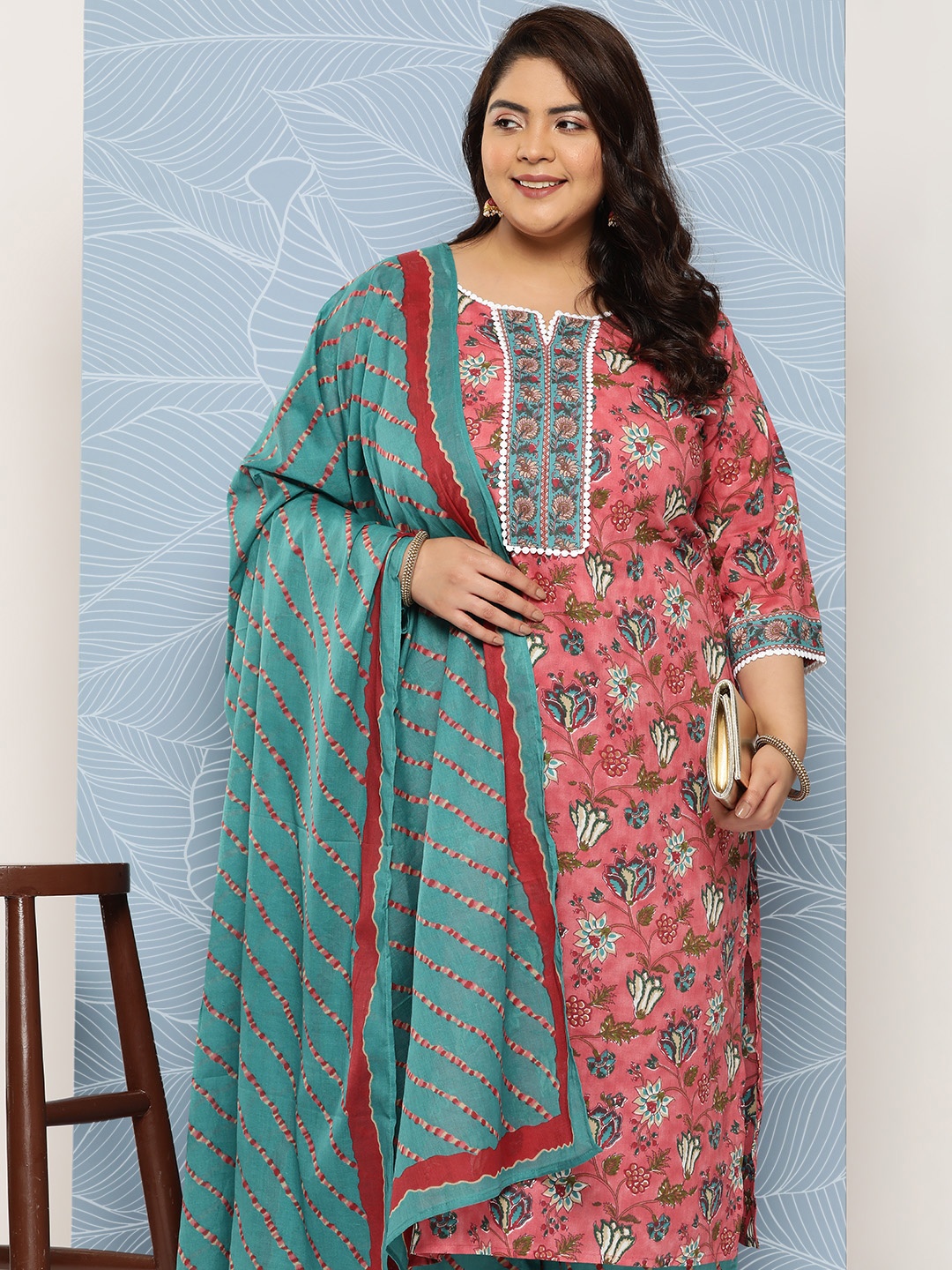 EXTRA LOVE BY LIBAS Plus Size Printed Kurta With Palazzos & Dupatta, Mauve