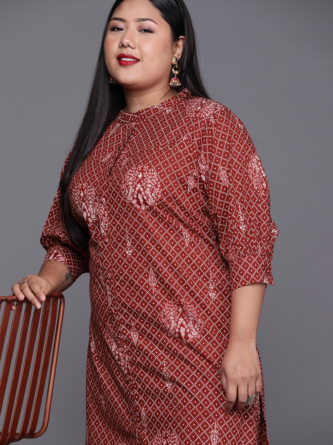 

EXTRA LOVE BY LIBAS Plus Size Women Maroon & White Pure Cotton Geometric Printed Kurta