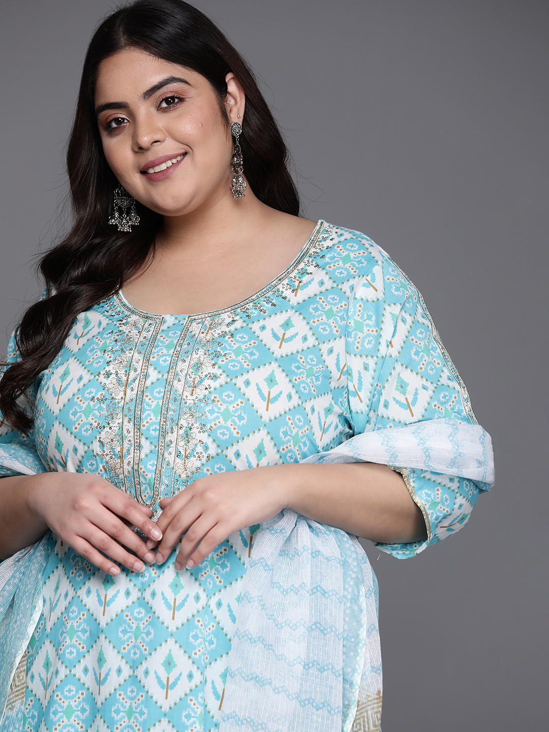 

EXTRA LOVE BY LIBAS Women Blue Plus Size Printed Cotton Kurta with Salwar & With Dupatta